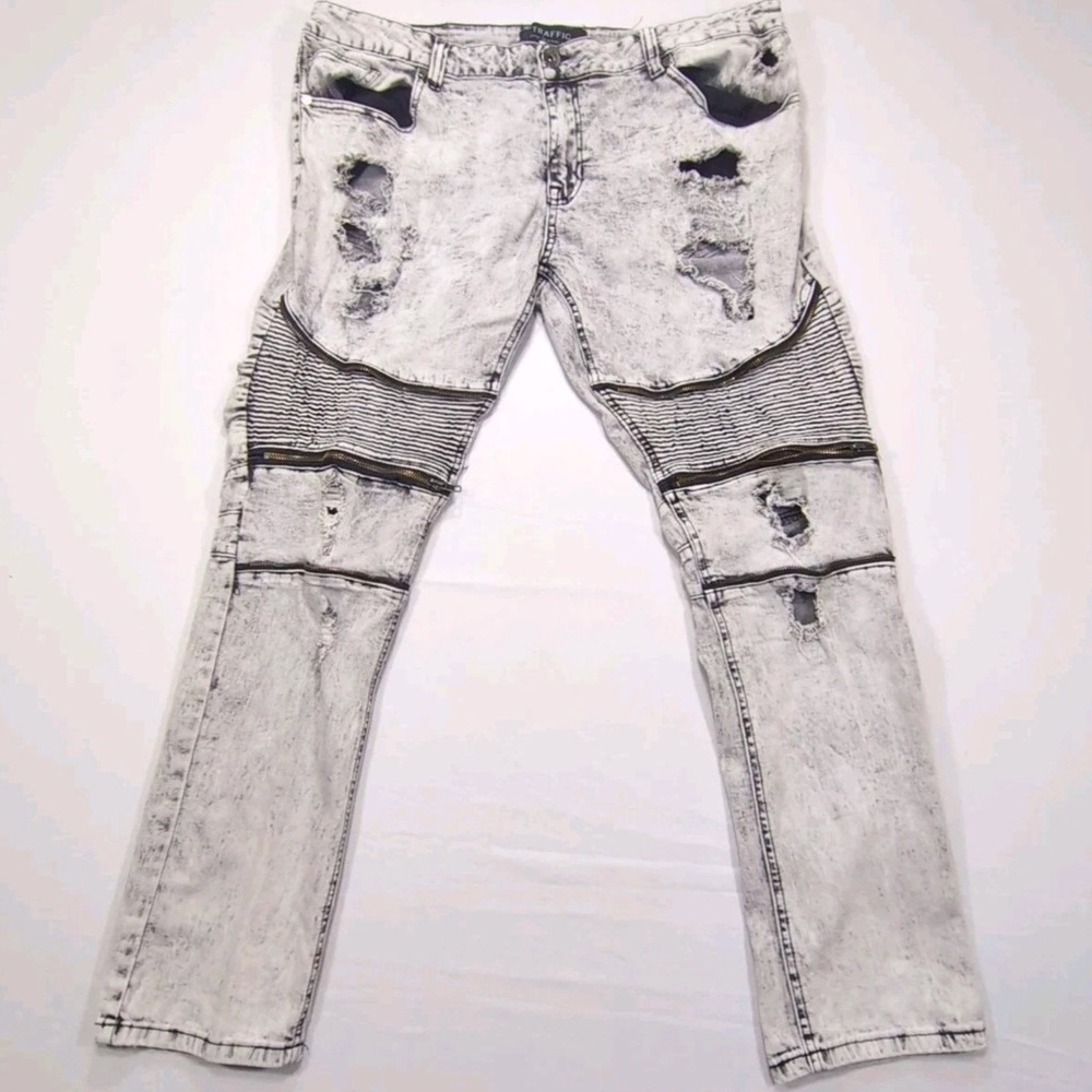 Traffic Jeans Men 40x32 Acid Wash Distressed Denim Zipper Leg Details